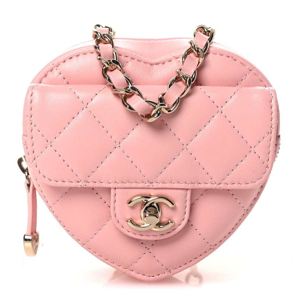 Lambskin Quilted CC In Love Heart Waist Belt Bag With Chain Light Pink