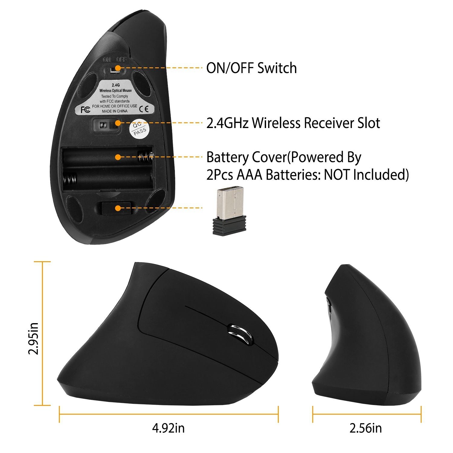 2.4G Wireless Vertical Mouse, 6-Button Ergonomic Optical Mice, 3 Adjustable DPI (800/1200/1600), for Laptop PC