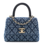 Washed Denim Quilted Coco Handle Clutch With Chain Blue