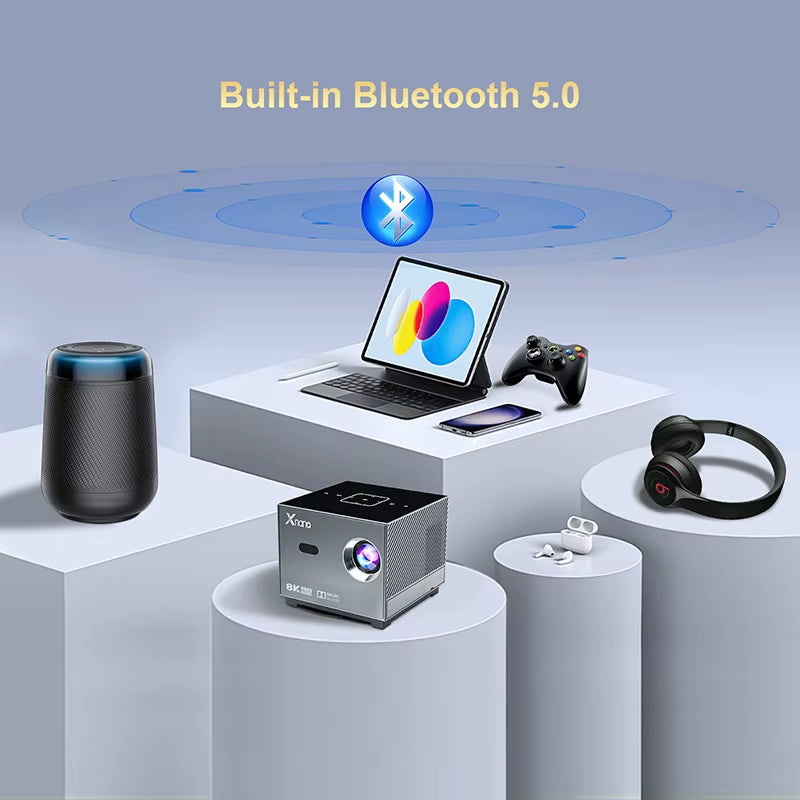 300 ANSI Lumens 8K/4K WiFi 5G Voice Remote Portable Smart Movie Projector with LED Lighting and Built-In Bluetooth 5.0 Apps