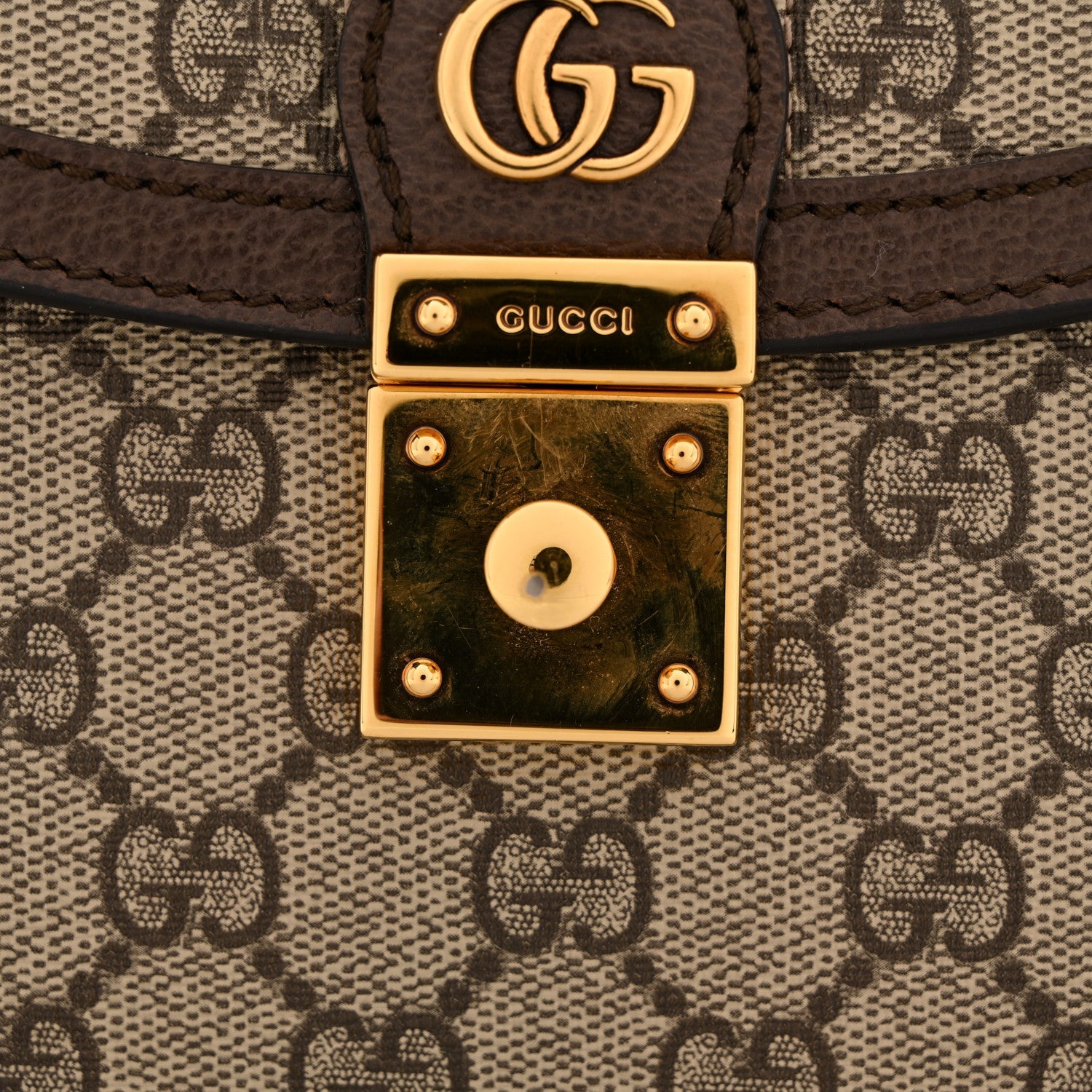 GG Supreme Monogram Textured Dollar Calfskin Web Small Ophidia Padlock Top Handle Bag Beige Ebony New Acero
