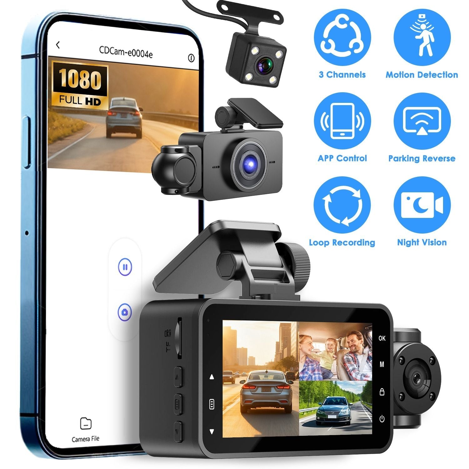 Car Dash Cam 3 Channel with Infrared Night Vision (4 IR Lights/Per Side), 1080P Front & 480P Inside/Rear Cameras, Parking Reverse Image & Motion Detection for 24H Security
