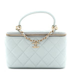 Lambskin Quilted Small Top Handle Vanity Case With Chain Light Blue
