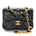 Patent Enamel Quilted Coco Hearts Clutch With Chain Black