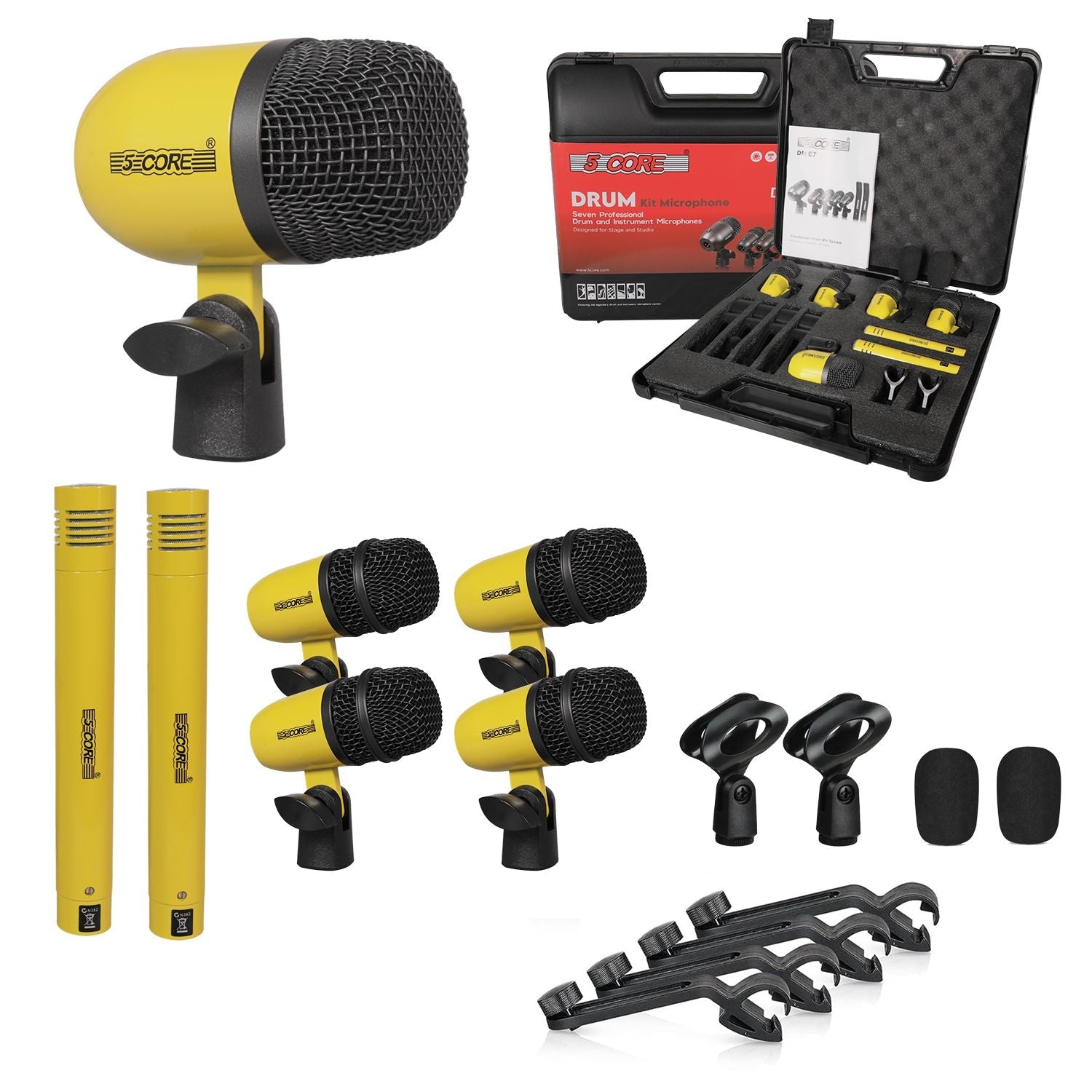 Drum Microphone Kit 7Pc All Metal Drummer Mics Tom/Snare & Cymbals Wired Instrument Drums Set