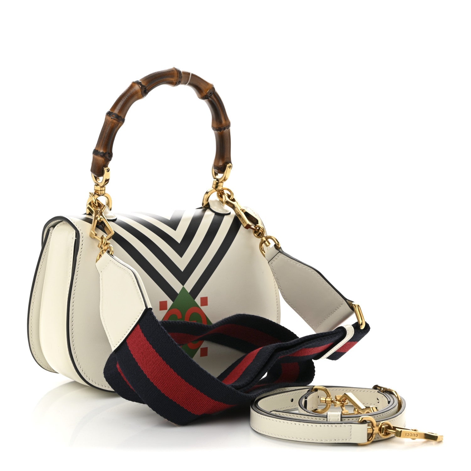 Calfskin Web Geometric Print Small Bamboo 1947 Top Handle Bag White Multi