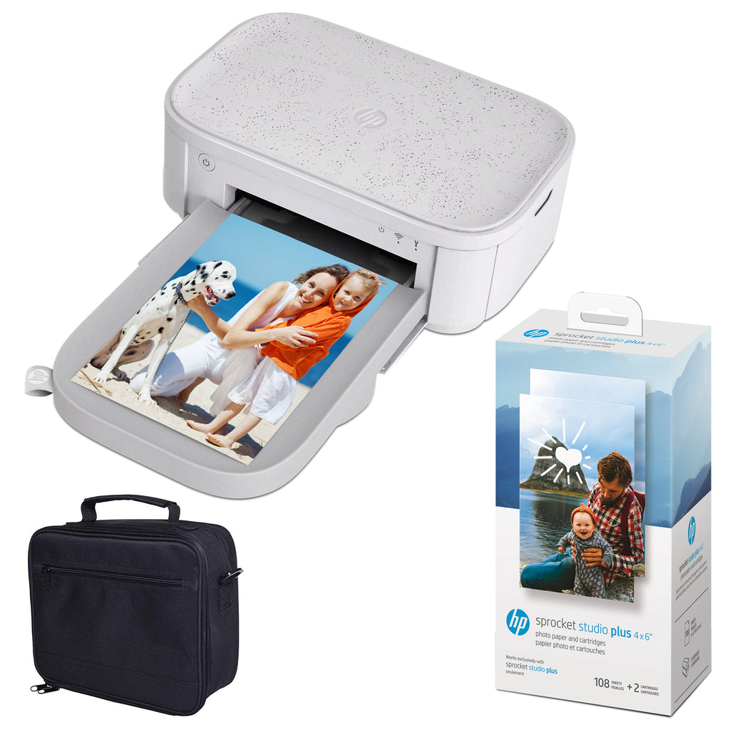 HP Sprocket Studio Plus 4x6” Instant Color Photo Printer Case and Photo Paper Bundle - White