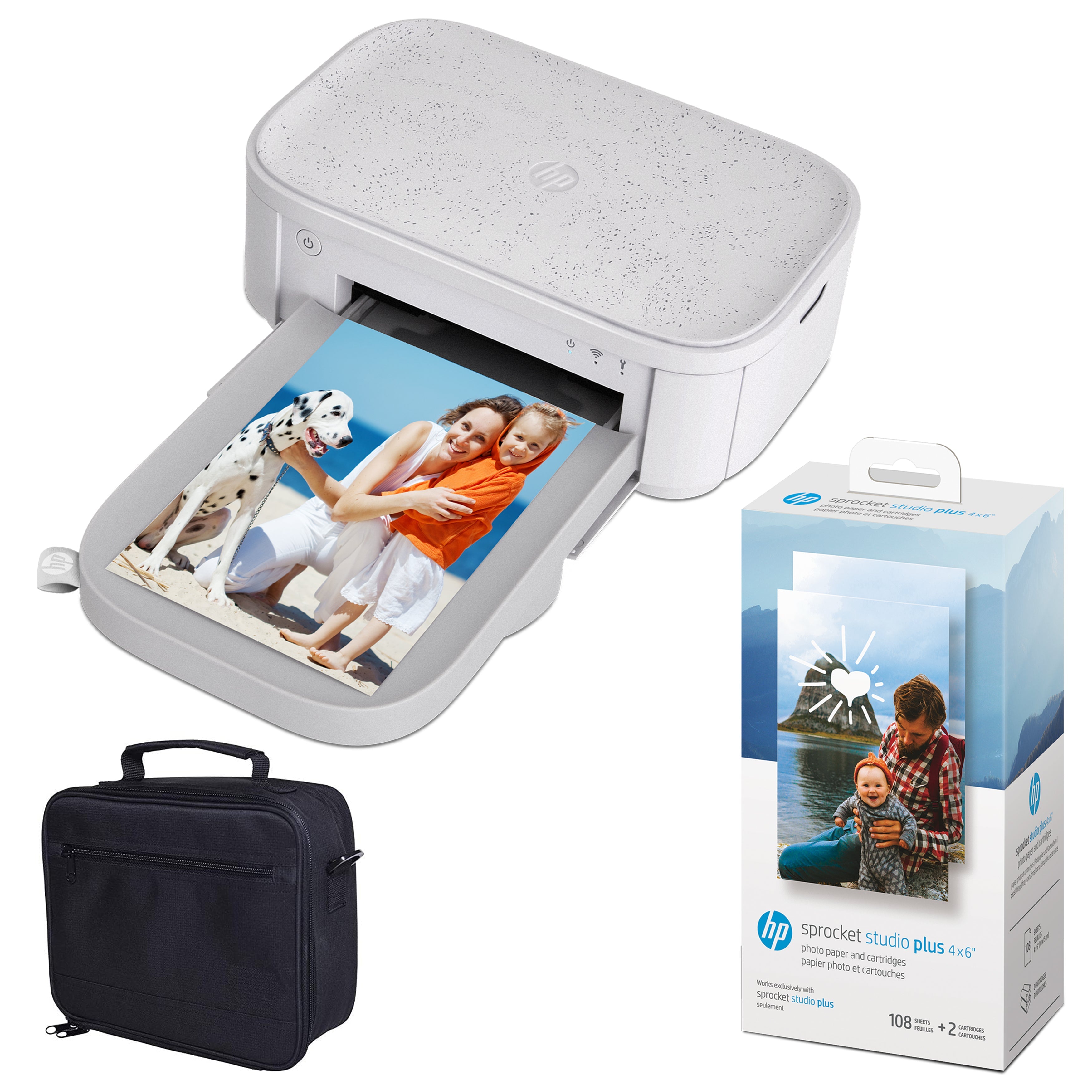 HP Sprocket Studio Plus 4x6” Instant Color Photo Printer Case and Photo Paper Bundle - White