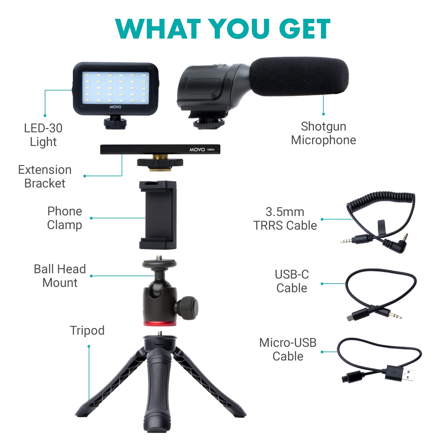 Movo uVlogger Kit for Android with Light, Mic, Phone Mount, Tripod