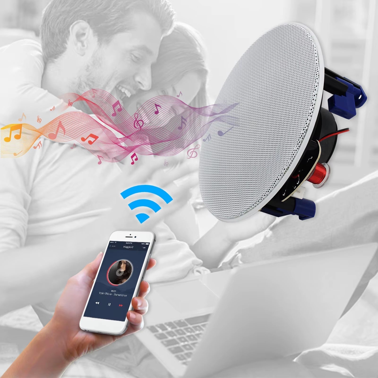 4-Inch Flush Mount Two-Way Stereo Bluetooth Ceiling Speaker for Indoor and Outdoor Use in Bathrooms, Kitchens, and Bedrooms