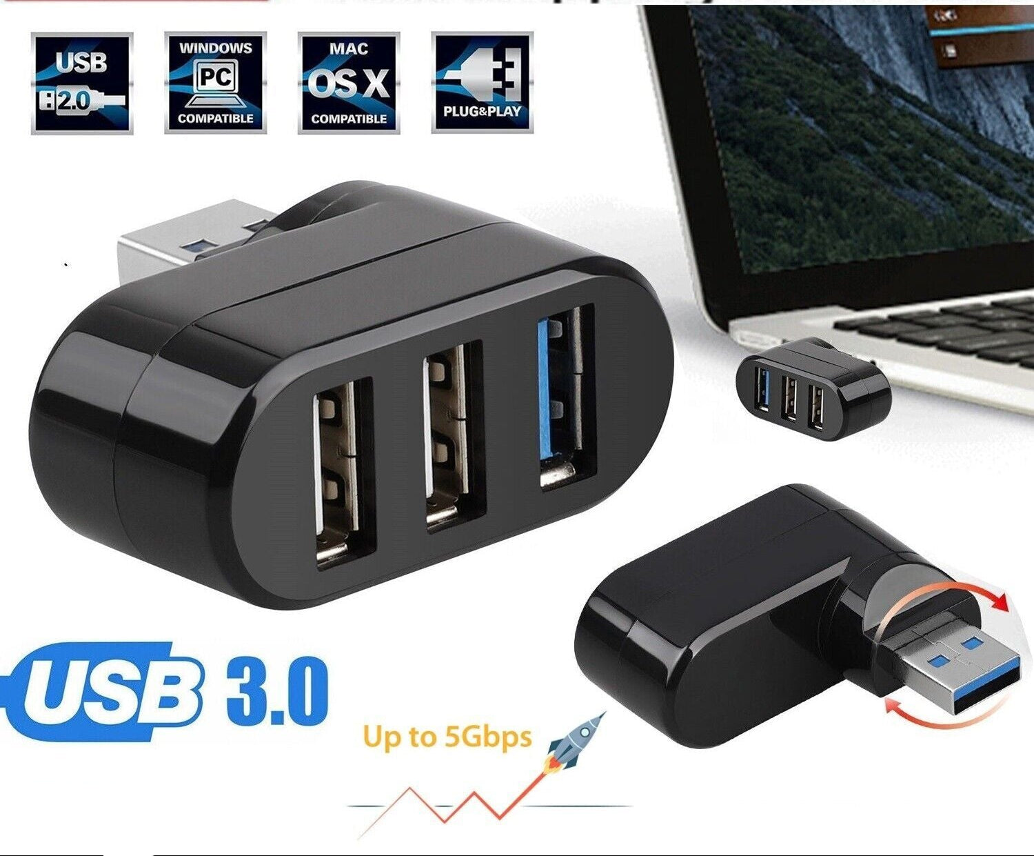 High Speed 3 Port USB 3.0 Multi HUB Splitter Expansion Desktop PC Laptop Adapter