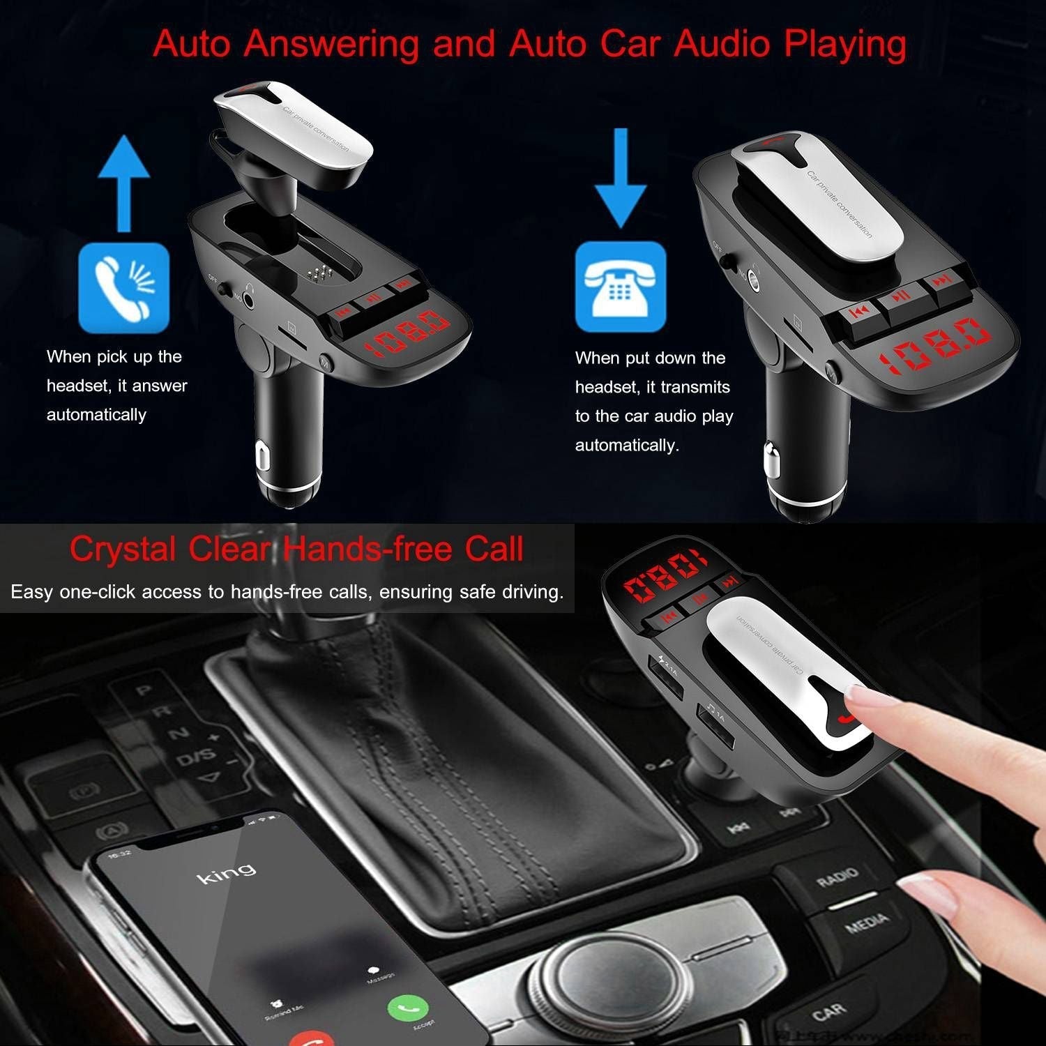 Car FM Transmitter w/ Wireless Earpiece 2 USB Charge Ports Hands-free Call MP3 Player