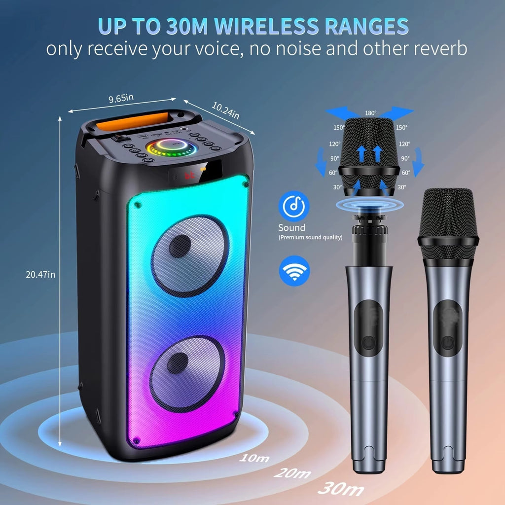 Professional Wireless Bluetooth Speaker and Karaoke System with Dual Microphones, LED Party Lights, and Remote Control
