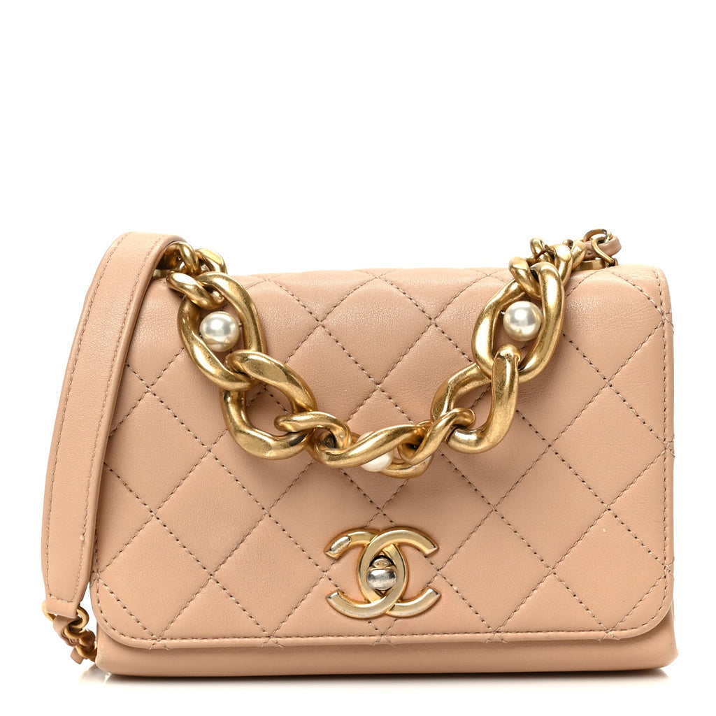 Calfskin Quilted Pearl Jewel Chain Flap Beige