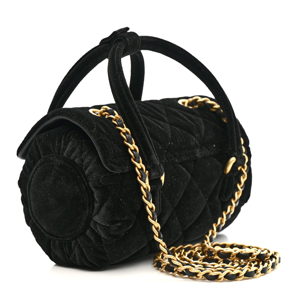 Velvet Quilted Mini Top Handle Flap Black