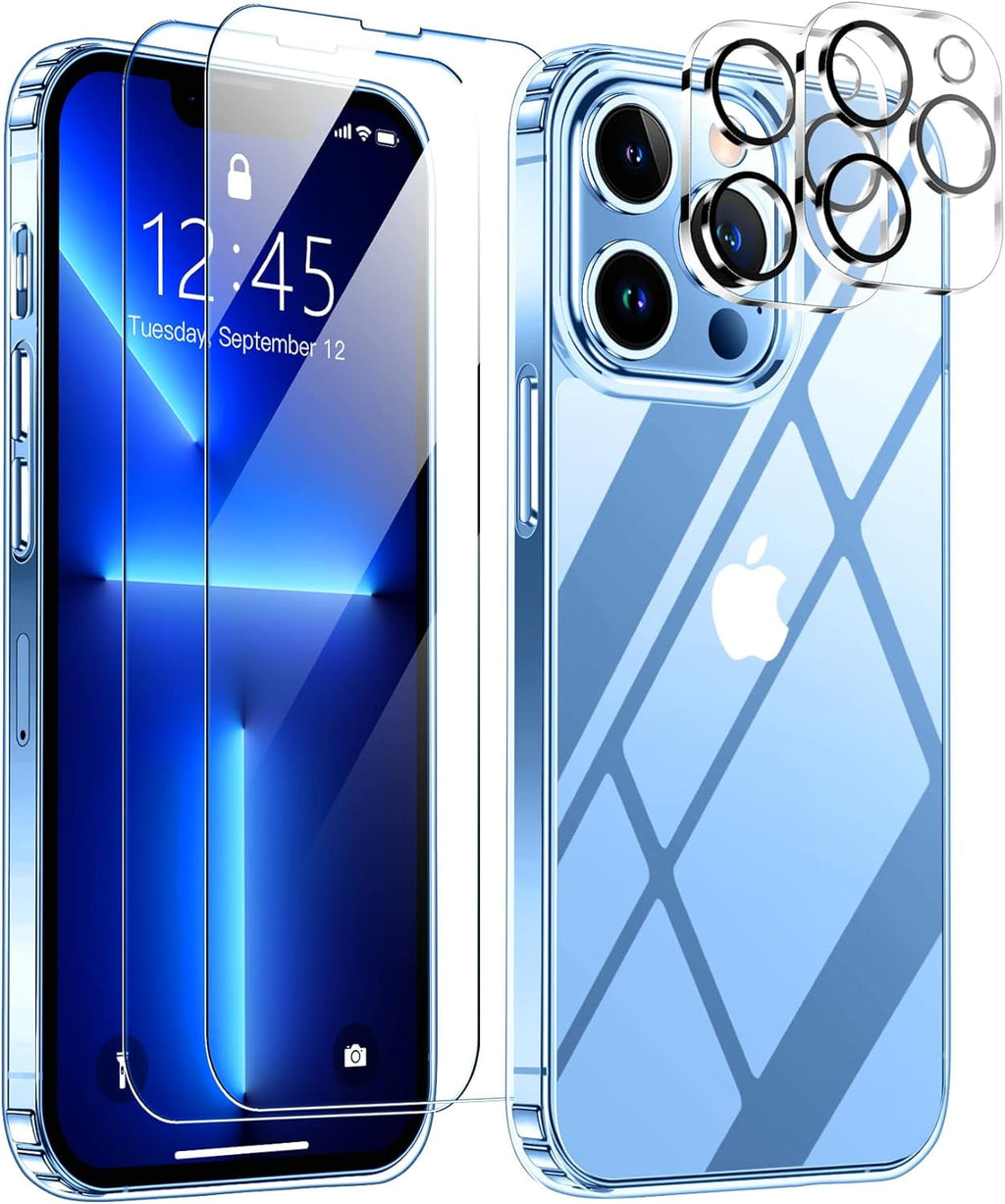 Entronix Bundle Compatible with iPhone 13 Pro Max - [Hard] Clear Case, 2 Clear Screen Protector & 2 Camera Lens Protectors