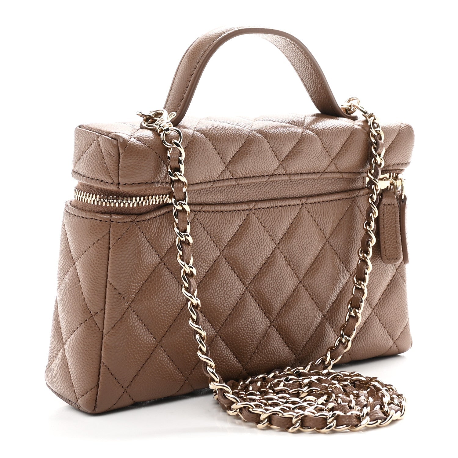 Caviar Quilted Top Handle Slim Vanity With Chain Dark Beige