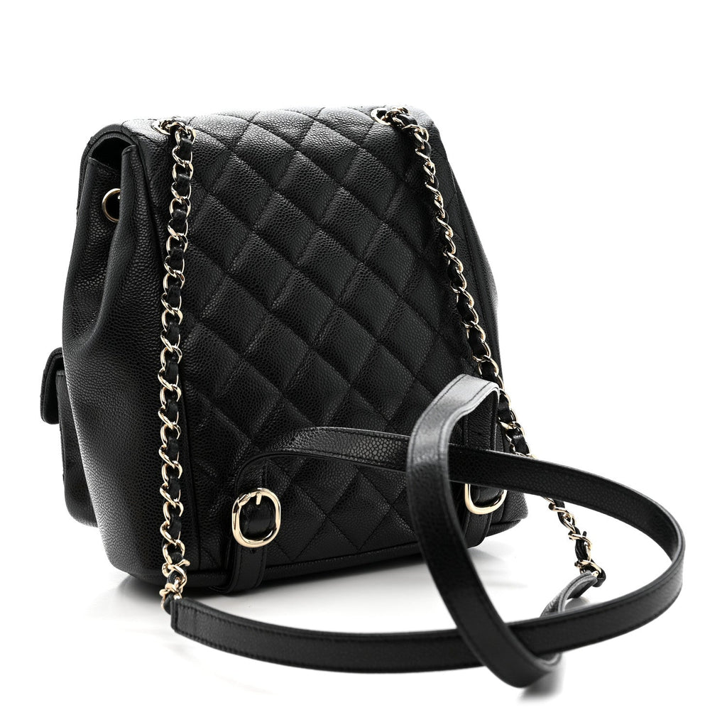 Shiny Caviar Quilted Medium Duma Pockets Drawstring Backpack Black