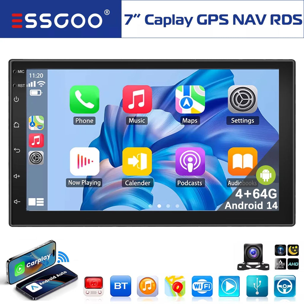 7-Inch Double DIN Android 14 CarPlay Multimedia Video Player with GPS Navigation, Wi-Fi, FM/RDS, and Bluetooth Compatibility  -2-32gb