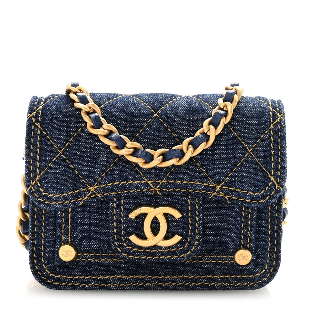Denim Quilted Double You Card Holder On Chain Blue