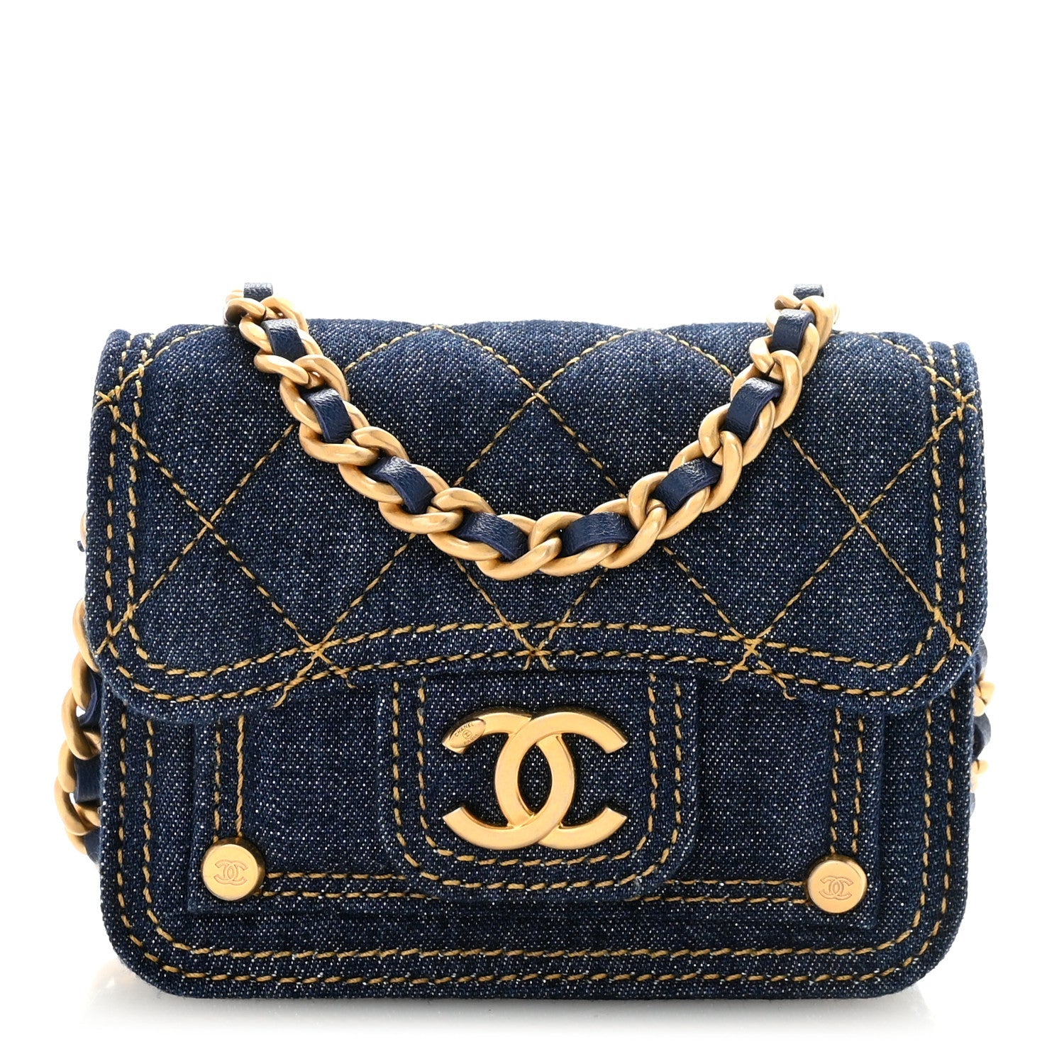 Denim Quilted Double You Card Holder On Chain Blue