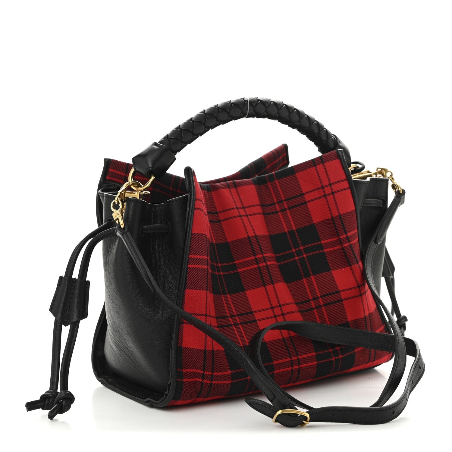 Calfskin Tartan Cotton Canvas Small Iris Tote Black Red Multicolor