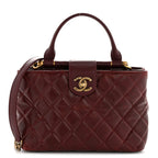 Glazed Calfskin Quilted Small Gold Bar Tote Red