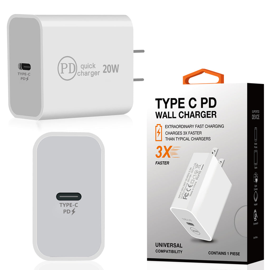 20W Power Delivery Travel Wall Charger Adapter With Type-C Port In White