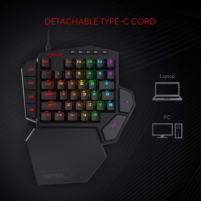 Redragon K585 DITI One-Handed RGB Mechanical Gaming Keyboard with Wrist Rest, 42 Keys, Type-C Connectivity, Professional Hot-Swappable Gaming Keypad - Brown Swotch
