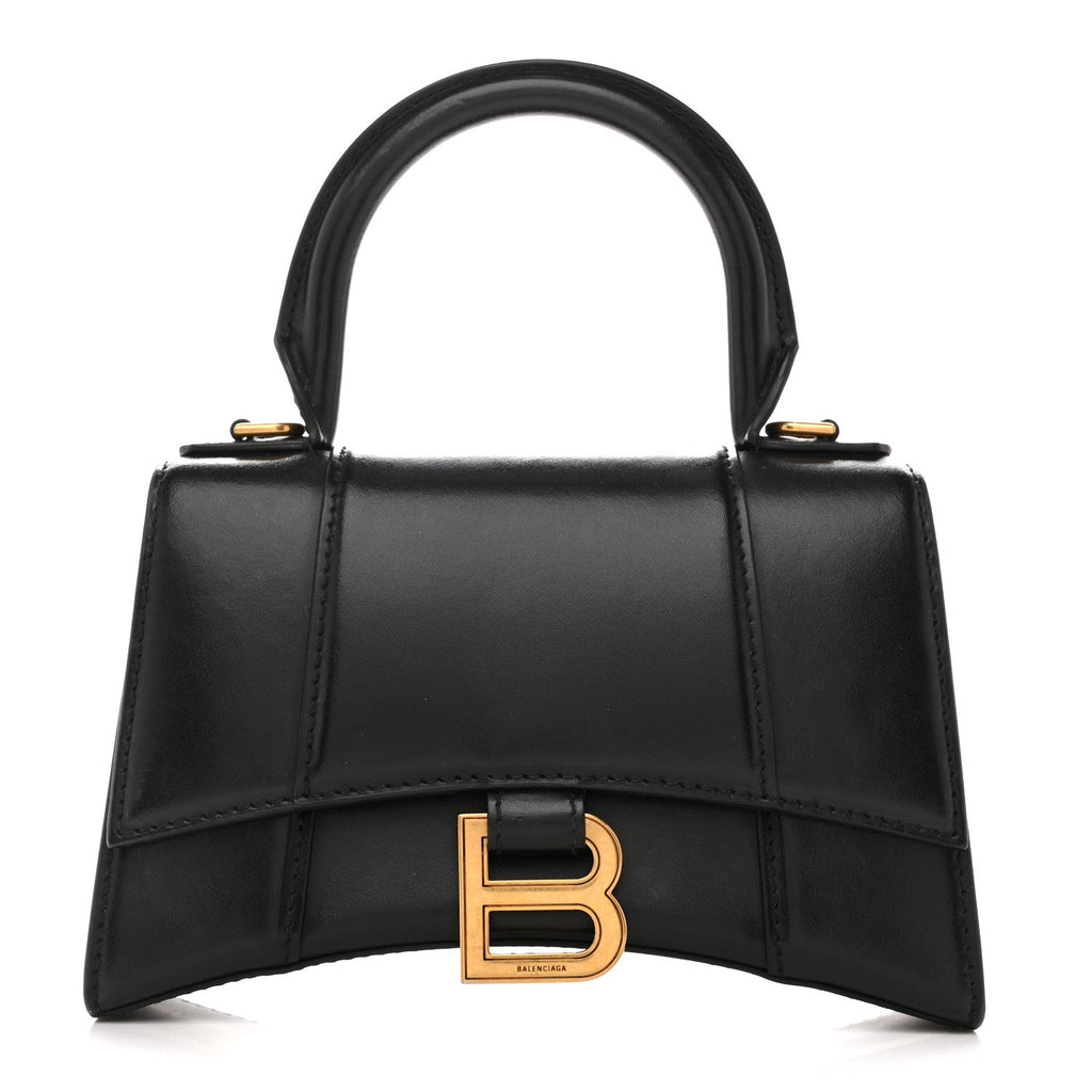 Shiny Box Calfskin Hourglass Top Handle Bag XS Black