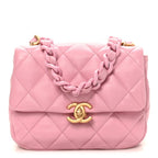 Lambskin Quilted Mini Lacquered Chain Flap Pink