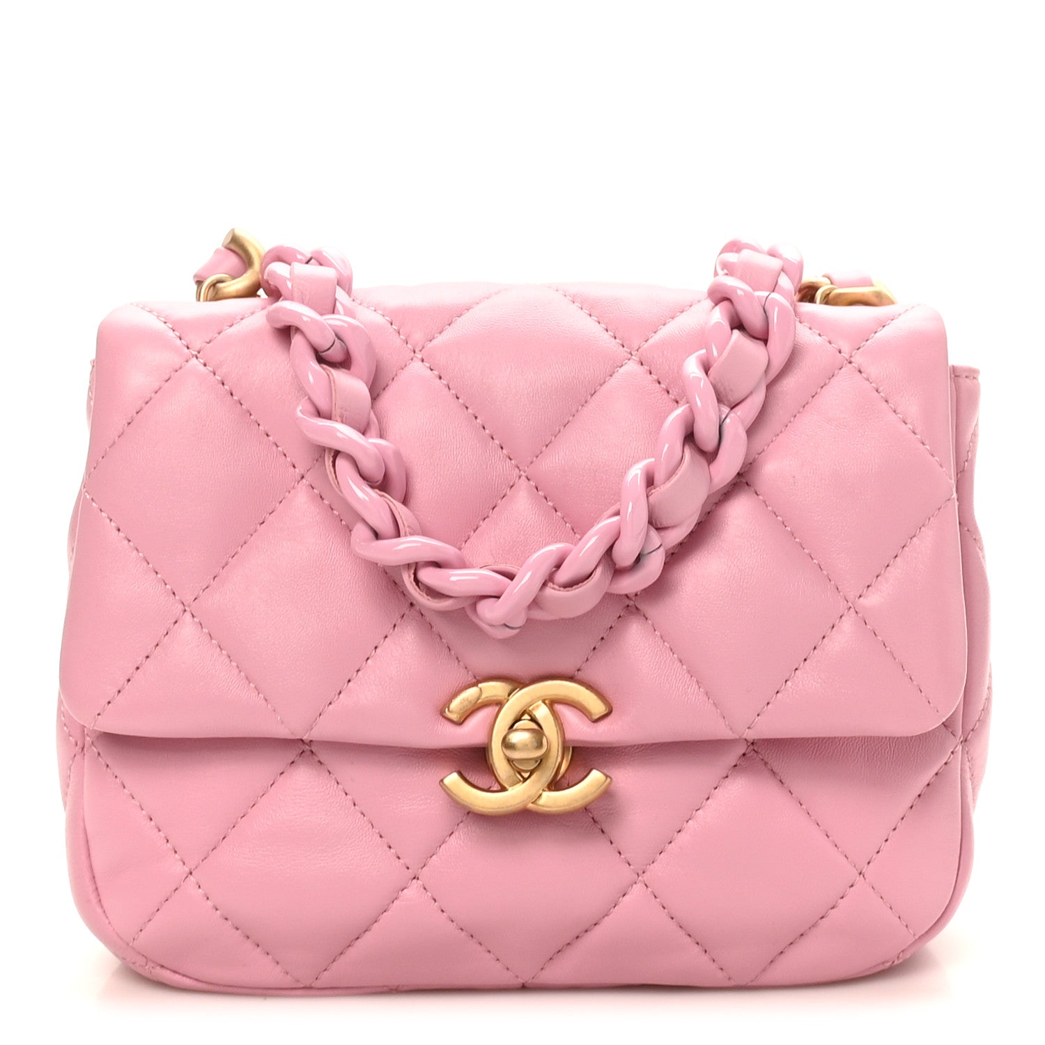 Lambskin Quilted Mini Lacquered Chain Flap Pink