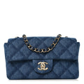 Printed Denim Quilted Mini Rectangular Flap Dark Blue