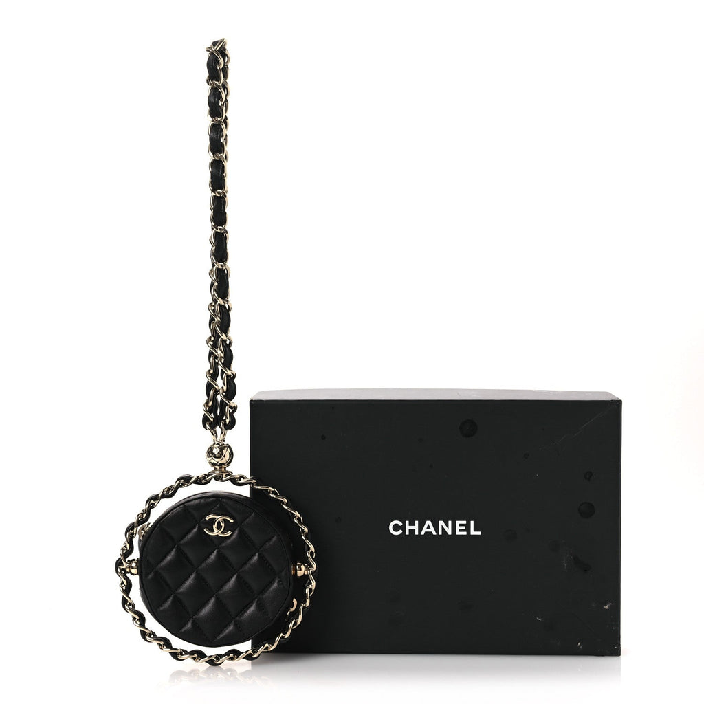 Lambskin Quilted Chain Round Mini Clutch Black