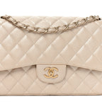 Iridescent Caviar Quilted Jumbo Double Flap Beige