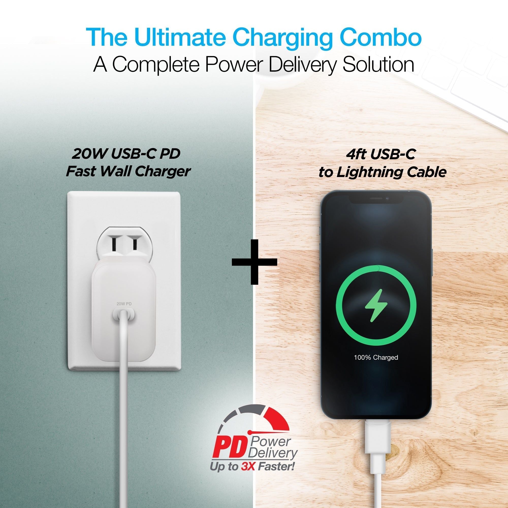 20W PD Wall Charger + USB-C to Lightning 4ft Cable