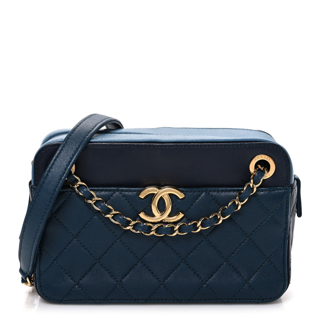 Lambskin Quilted Small In & Out Camera Case Navy Light Blue