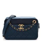 Lambskin Quilted Small In & Out Camera Case Navy Light Blue