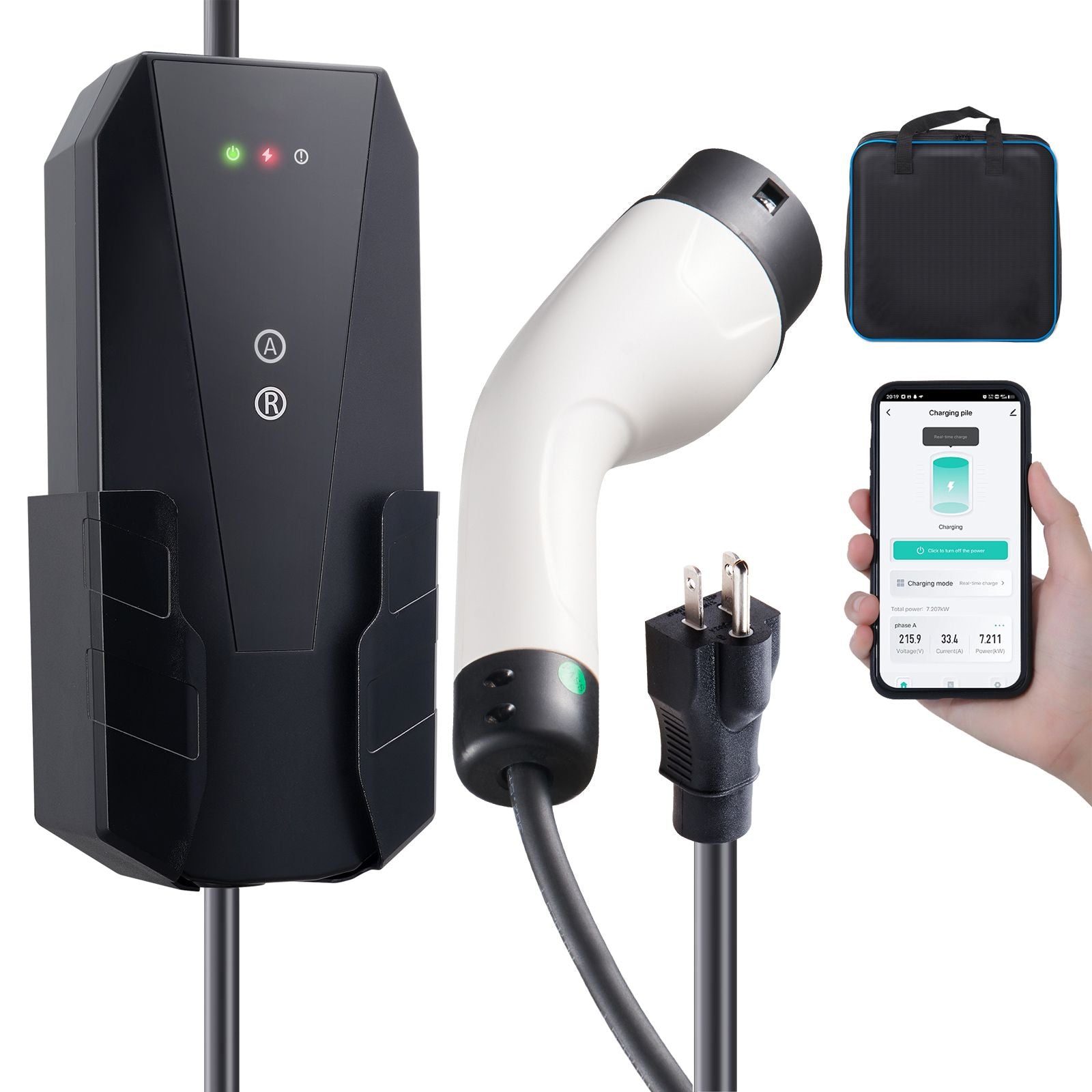 Level 1+2 Portable EV Charger, 16 Amp 120V or 240V, Electric Vehicle Charger with 28-Foot Charging Cable NEMA 6-20P Plug NEMA 5-15 Adapter, Plug-in Home EV Charging Station for SAE J1772 EVs