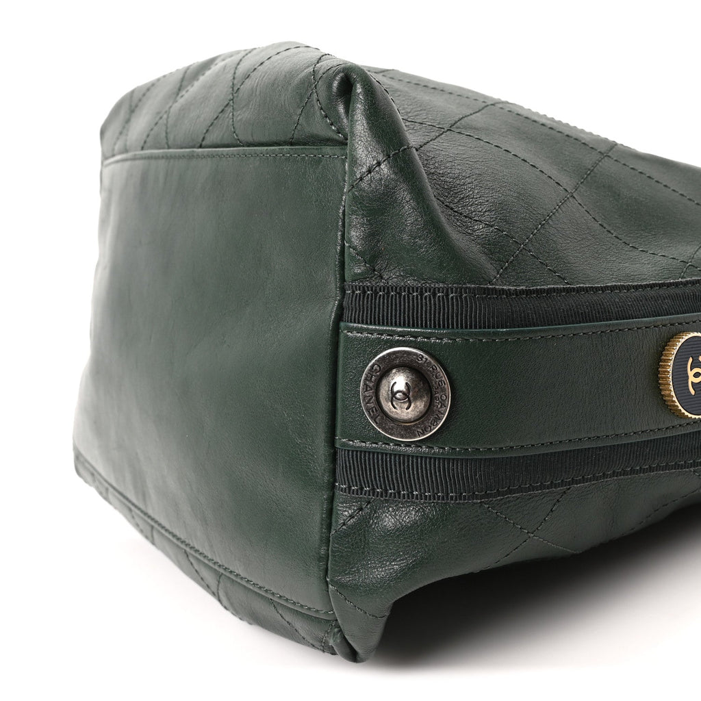 Calfskin Stitched Large Button Up Hobo Dark Green