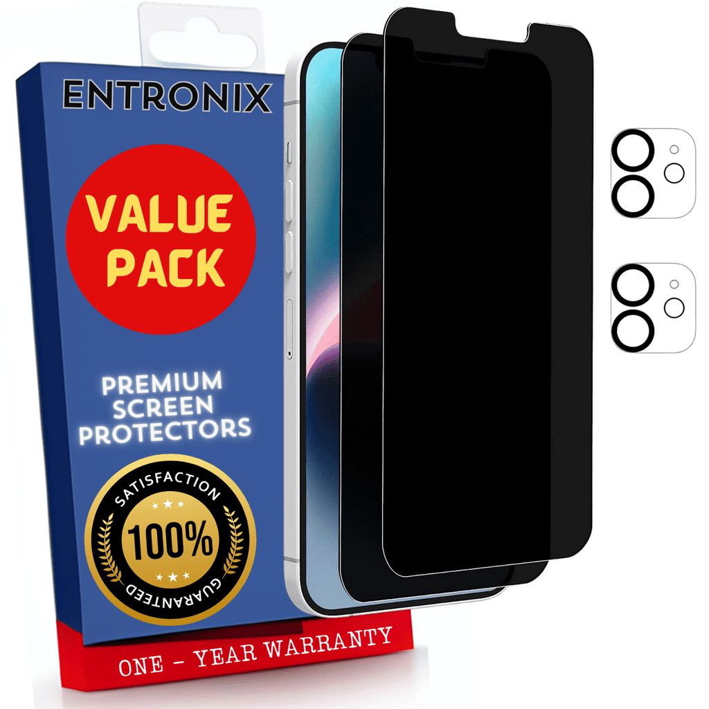 Entronix Anti-Spy Privacy Screen Protector & Camera Lens Protector Compatible with iPhone 12 - 4-Piece Combo