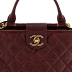 Glazed Calfskin Quilted Small Gold Bar Tote Red
