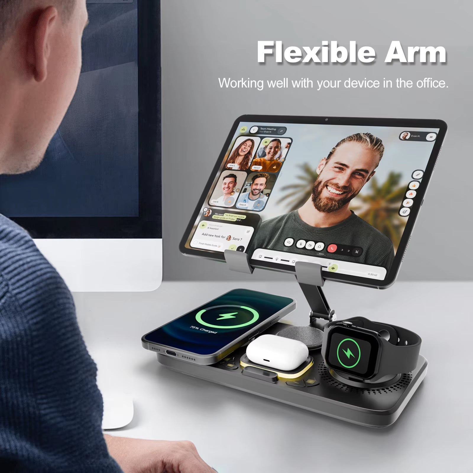 7-in-1 Wireless Charging Station for iPhone, iPad, AirPods, and Apple Watch with Fast Charging, Night Lamp, and Clock Features