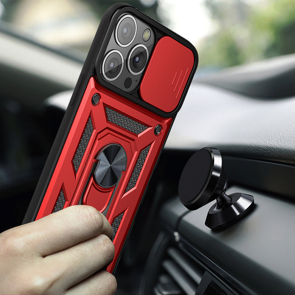 Kickstand Ring Holder With Slide Camera Cover Tpu Magnetic Car Mount For Apple Iphone 13  Pro In Red