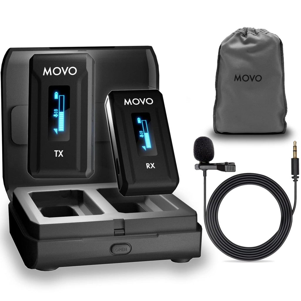 Movo WMX-2 Wireless Lavalier Microphone System with Charging Case for Cameras