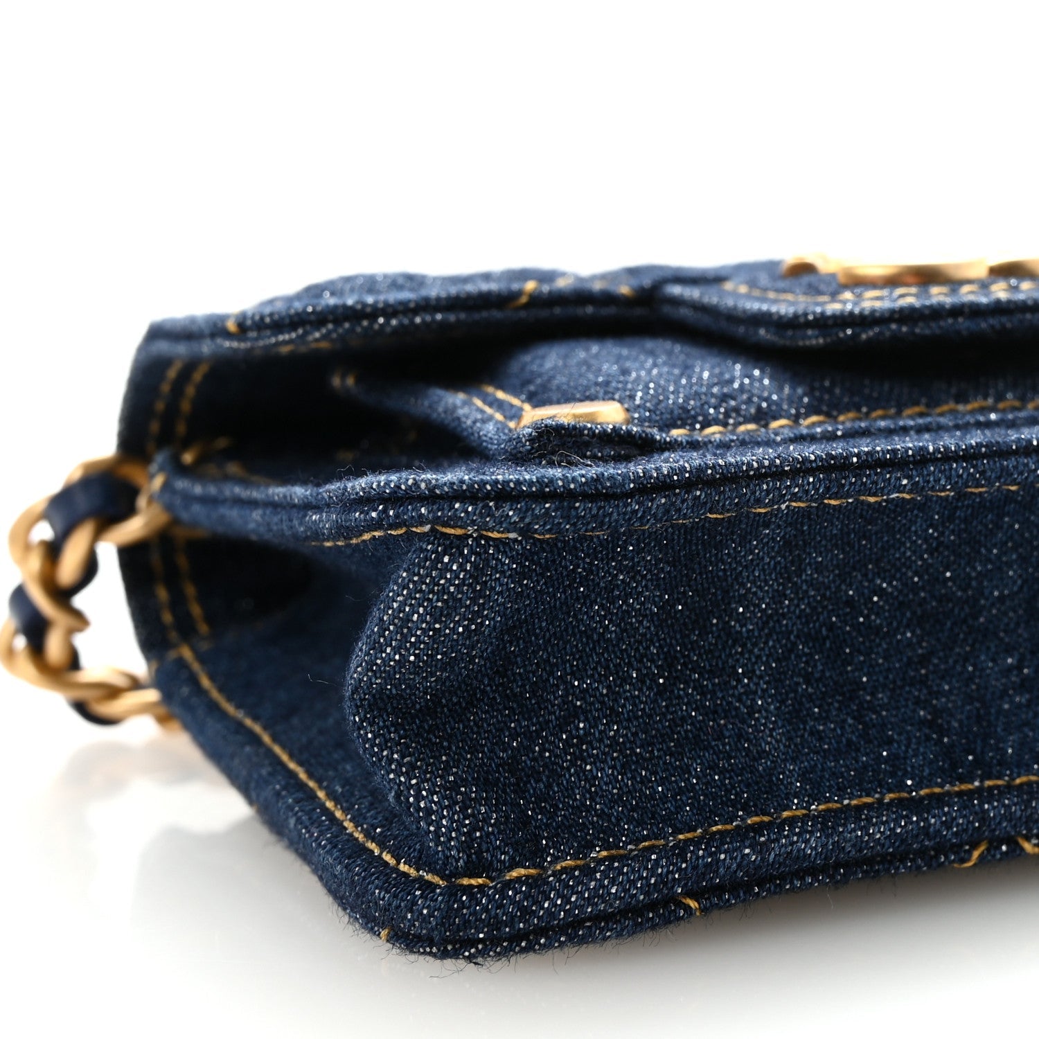 Denim Quilted Double You Card Holder On Chain Blue