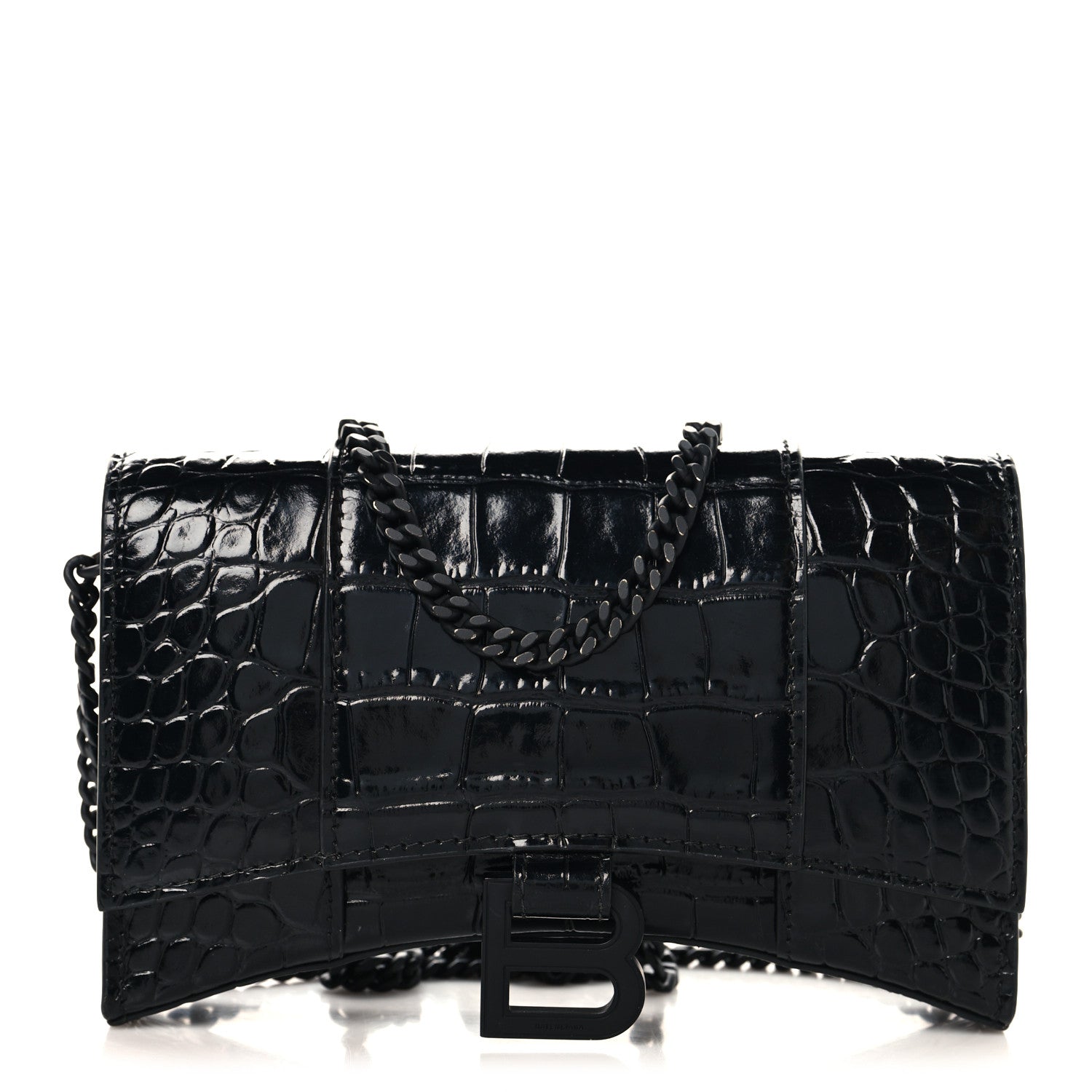 Shiny Calfskin Monochrome Crocodile Embossed Hourglass Chain Bag Black