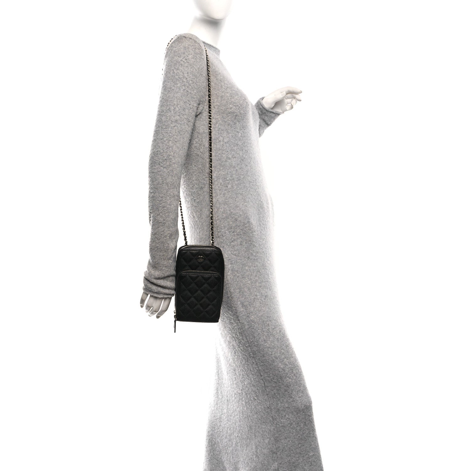 Caviar Quilted Phone Holder With Chain Black
