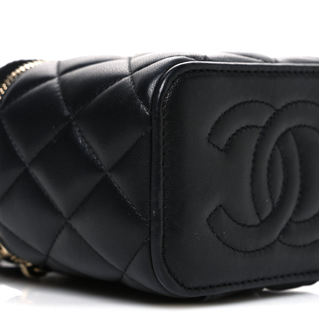 Lambskin Quilted Metal Mini Top Handle Vanity Case With Chain Black