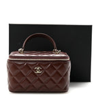 Lambskin Quilted Small Top Handle Vanity Case With Chain Dark Brown
